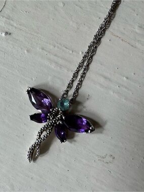Sterling Silver Dragonfly Pendant Necklace with Purple and Teal Stones